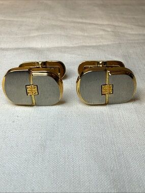 Givenchy Gold Tone & Gray Oval Logo Cufflinks 0.75" Vintage